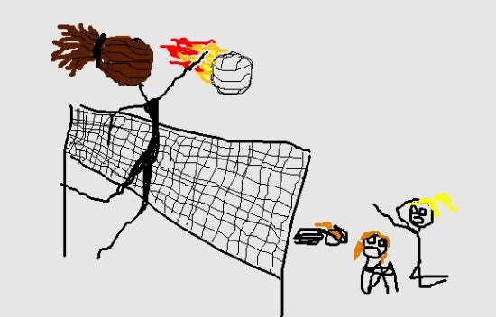Illustration of a volleyball player spiking a volleyball in flames 